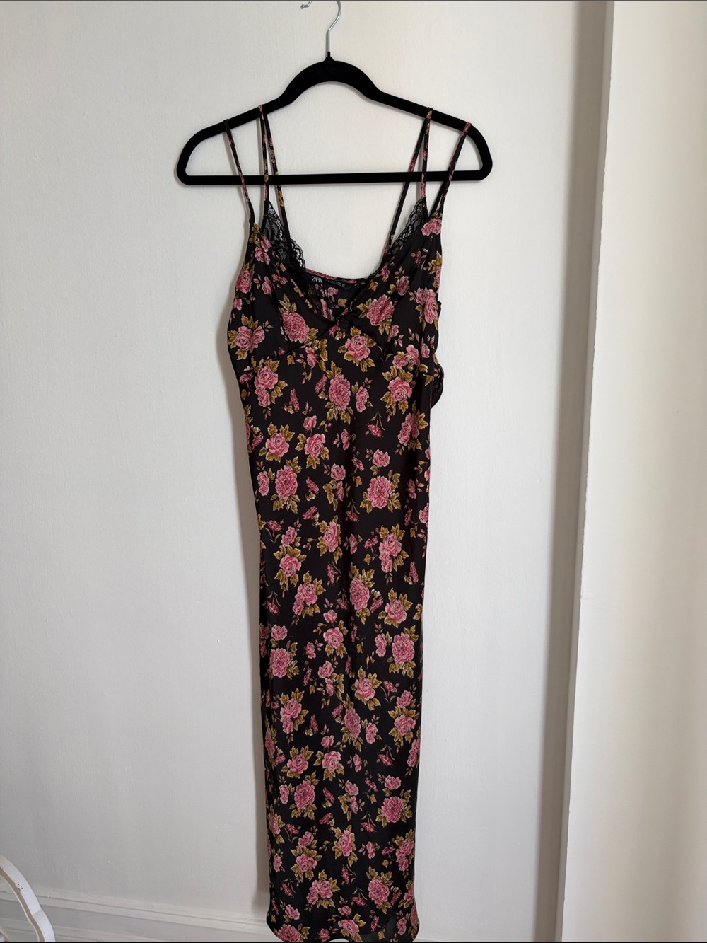 Zara Black Maxi Slip Dress with Pink Floral Print